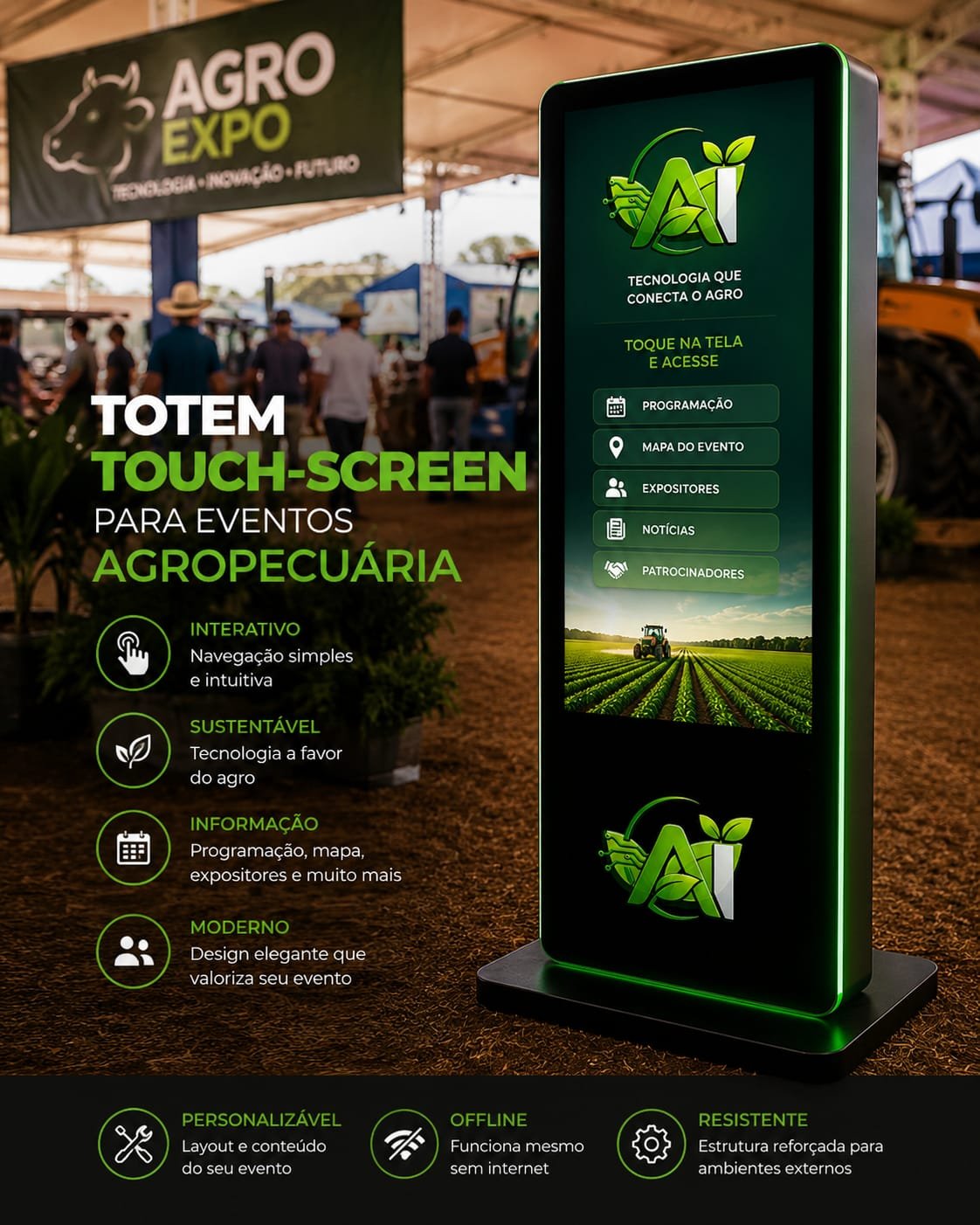 Locação de Totem Touch Screen, Óculos VR, Painel de LED e Holobox para Bahia Farm Show em Luís Eduardo Magalhães – BA 2026