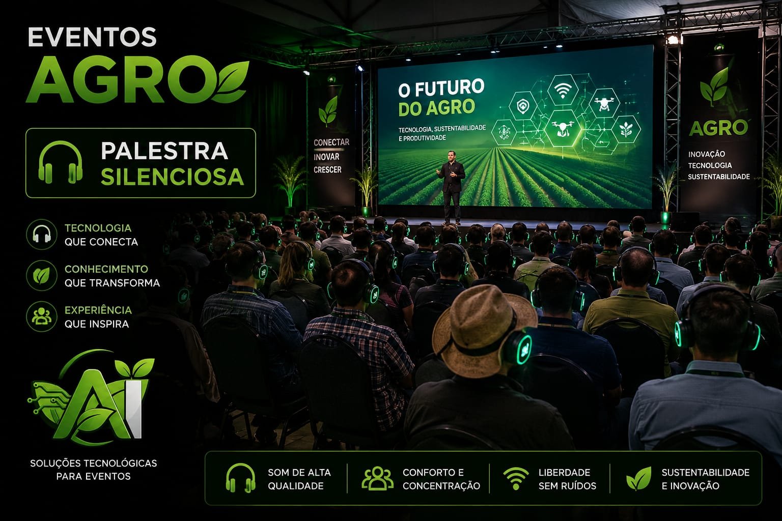 Aluguel de Headsets multicanais para Palestra Silenciosa feiras agro Além disso, integramos Tradução Simultânea.Aluguel de painel de led totem touch screen